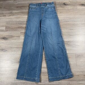 Spanx Women's Jeans Seamed Front Wide Leg Pull On Stretch L Tall Blue